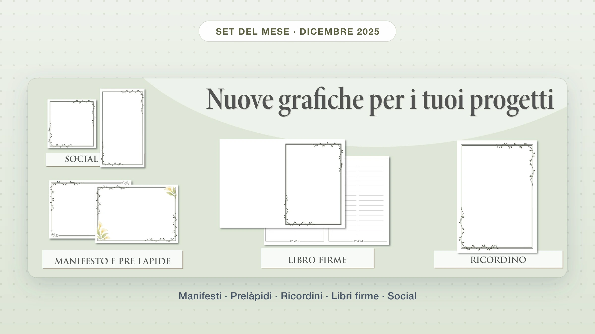 Set del mese Giotto di dicembre 2025: collage delle nuove grafiche per manifesti, prelàpidi, ricordini, libri firme e social