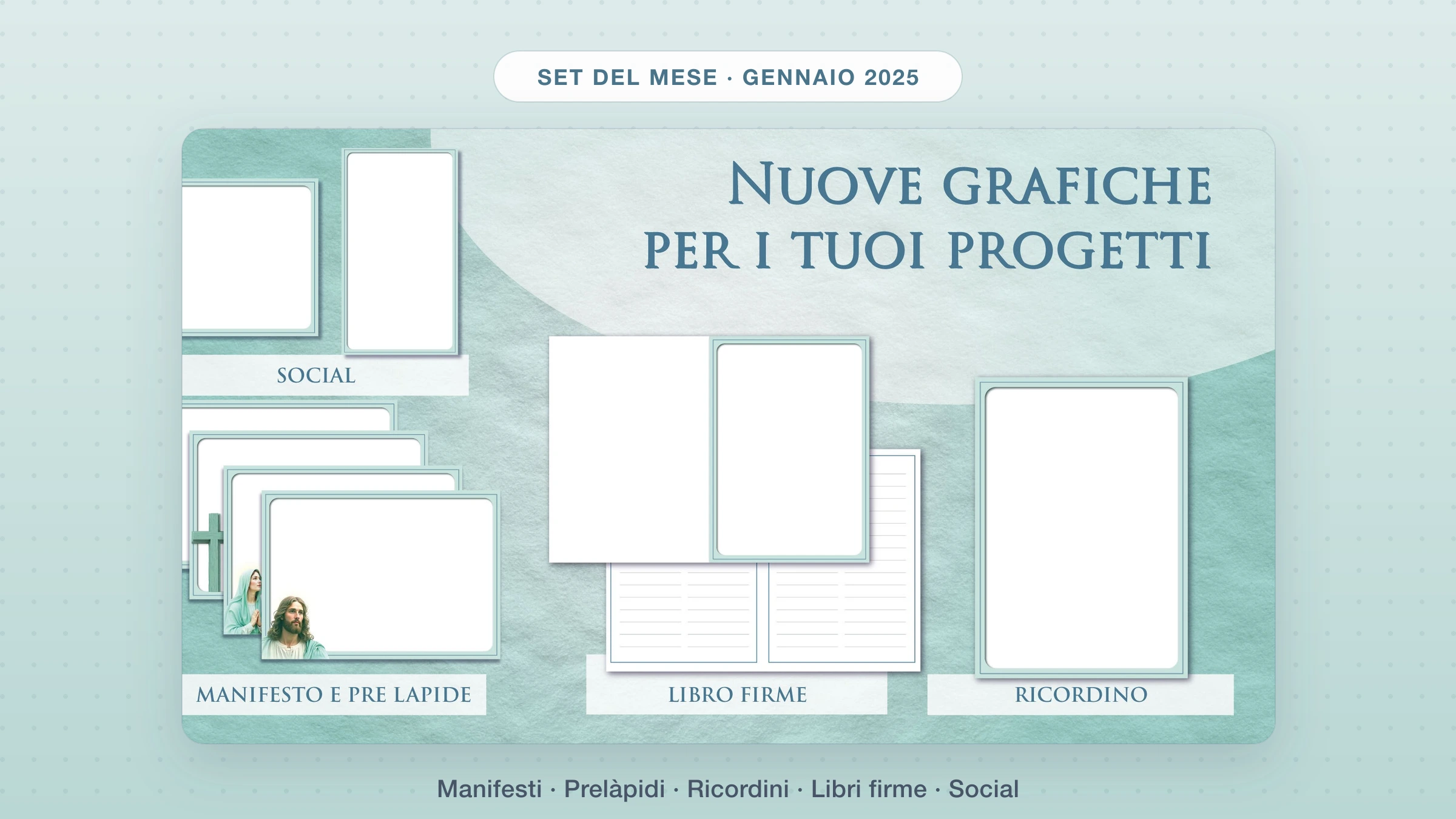 Set del mese Giotto di gennaio 2025 (secondo set): collage delle nuove grafiche per manifesti, prelàpidi, ricordini, libri firme e social