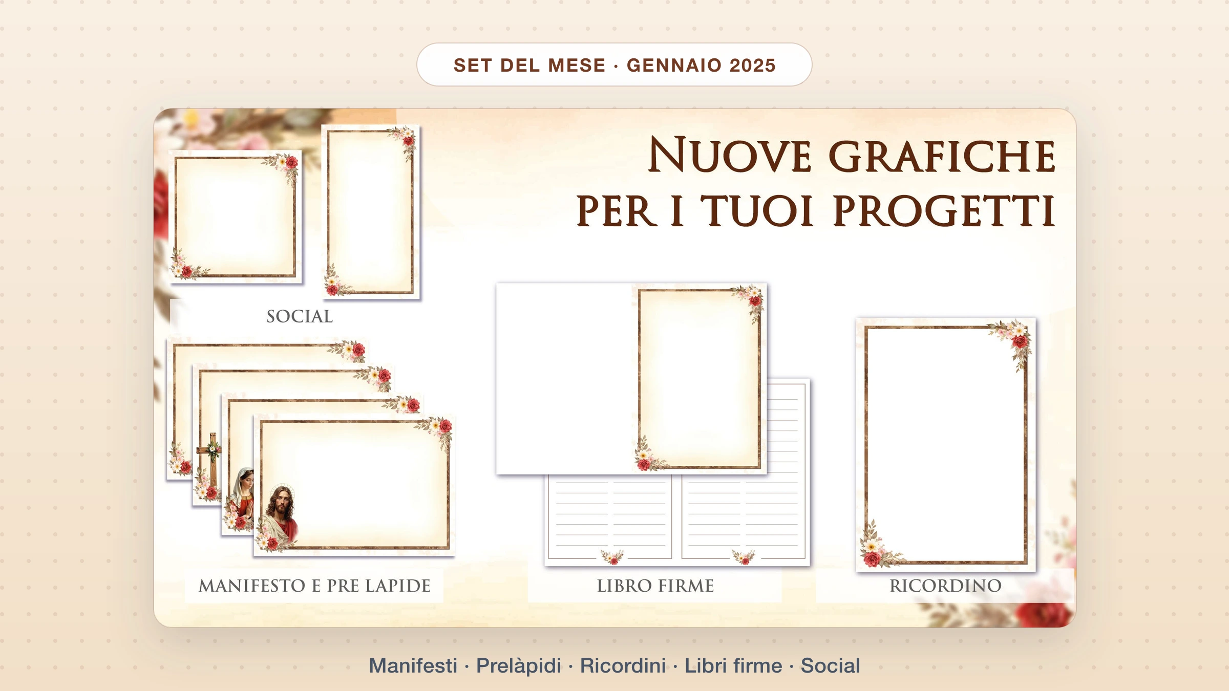 Set del mese Giotto di gennaio 2025: collage delle nuove grafiche per manifesti, prelàpidi, ricordini, libri firme e social