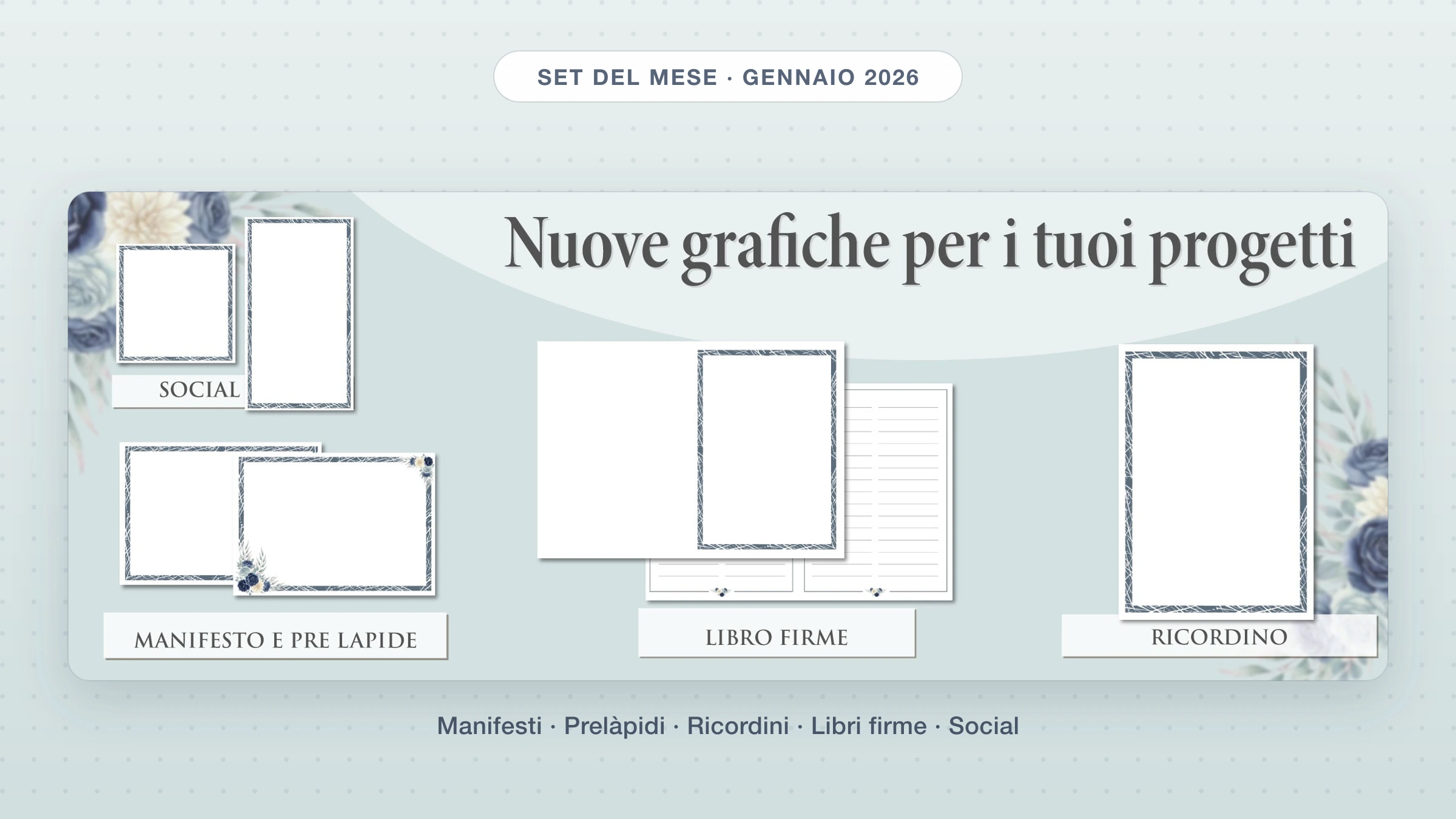 Set del mese Giotto di gennaio 2026: collage delle nuove grafiche per manifesti, prelàpidi, ricordini, libri firme e social