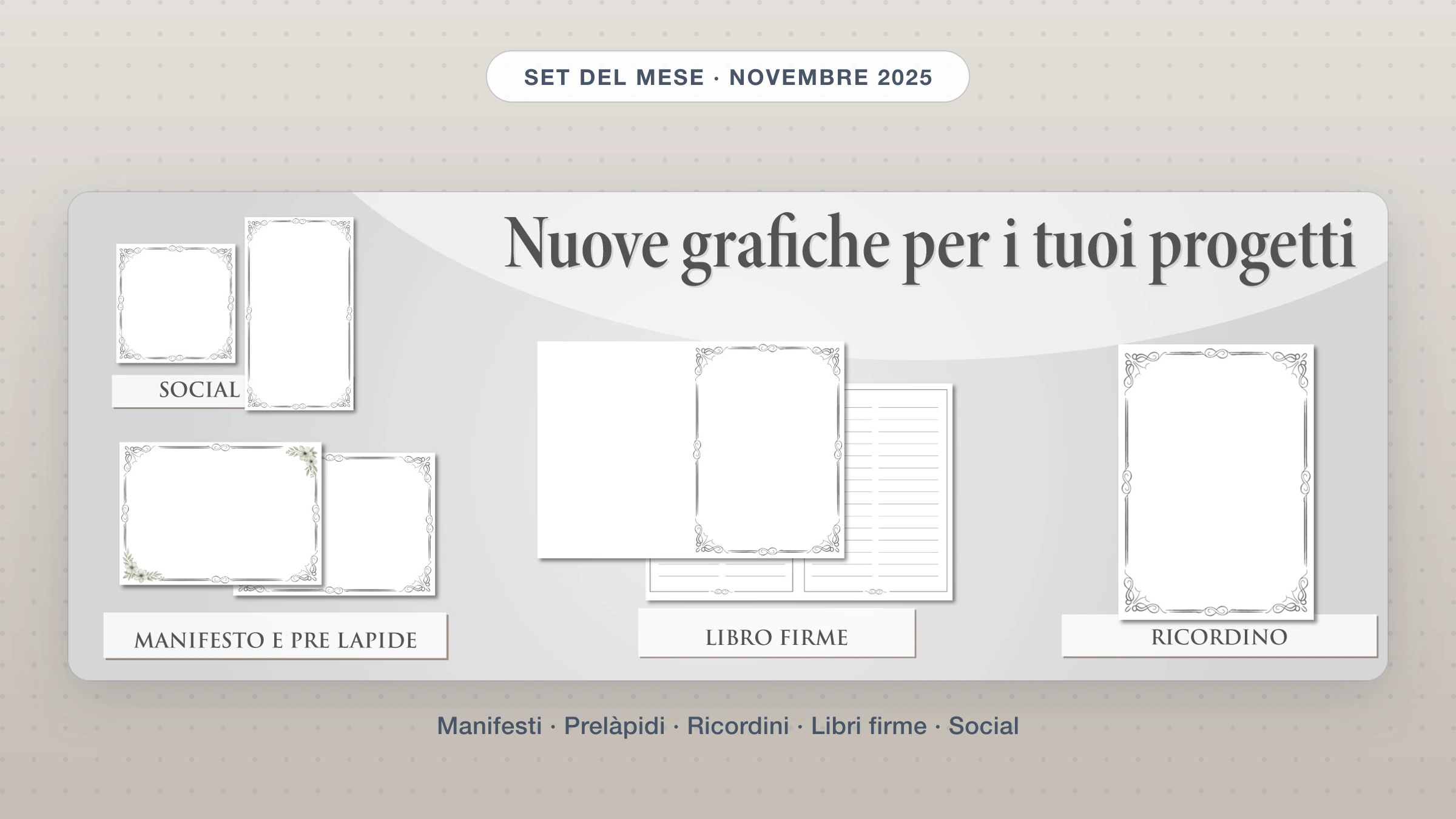 Set del mese Giotto di novembre 2025: collage delle nuove grafiche per manifesti, prelàpidi, ricordini, libri firme e social