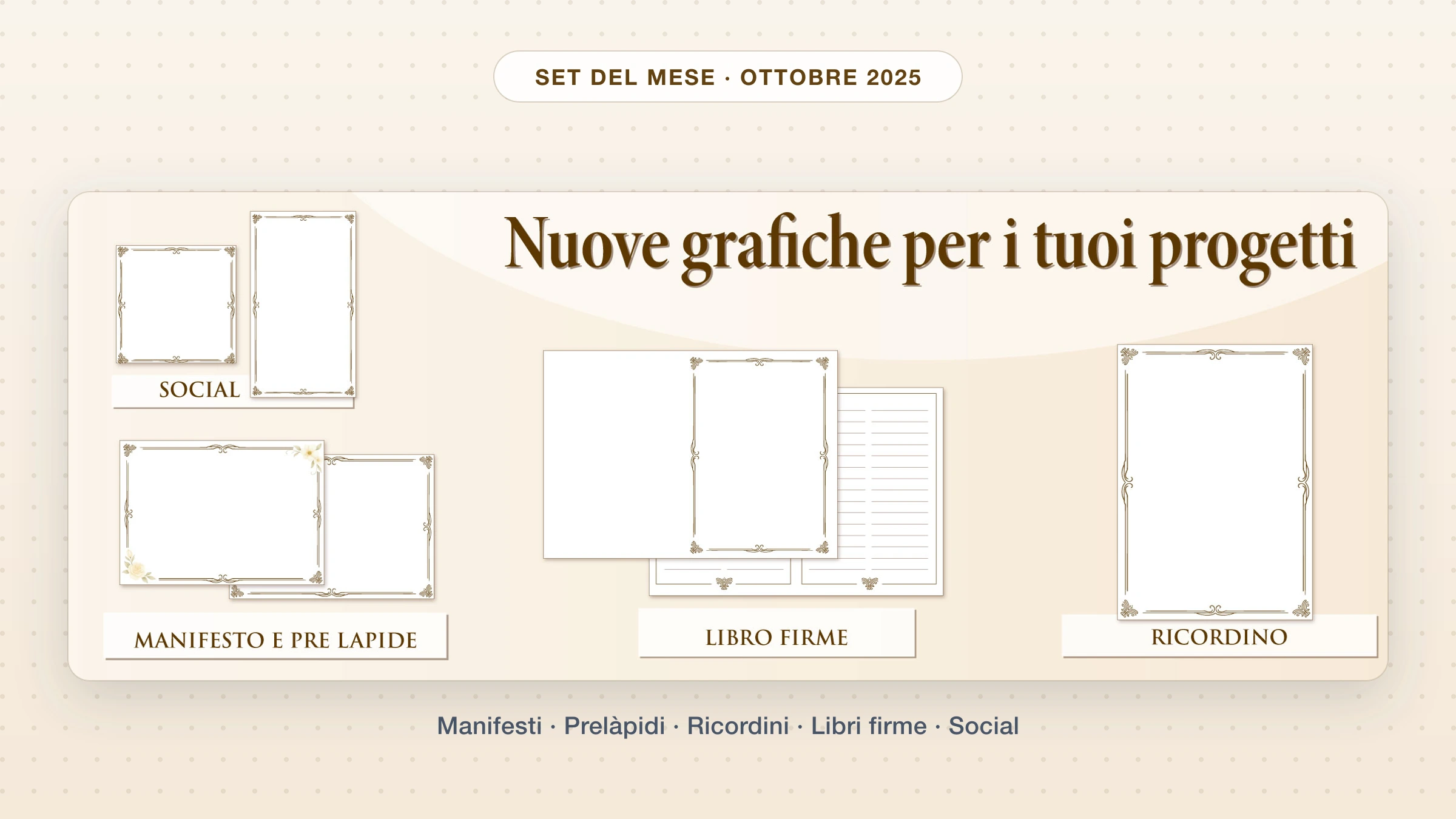 Set del mese Giotto di ottobre 2025: collage delle nuove grafiche per manifesti, prelàpidi, ricordini, libri firme e social