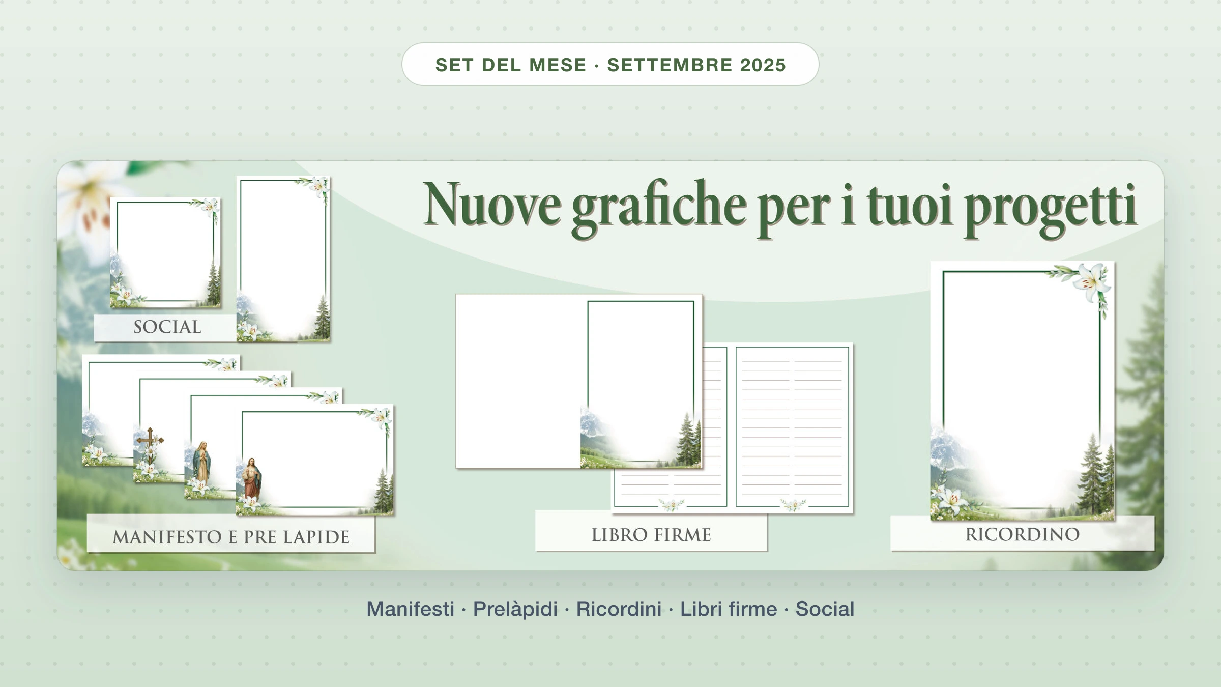 Set del mese Giotto di settembre 2025: collage delle nuove grafiche per manifesti, prelàpidi, ricordini, libri firme e social