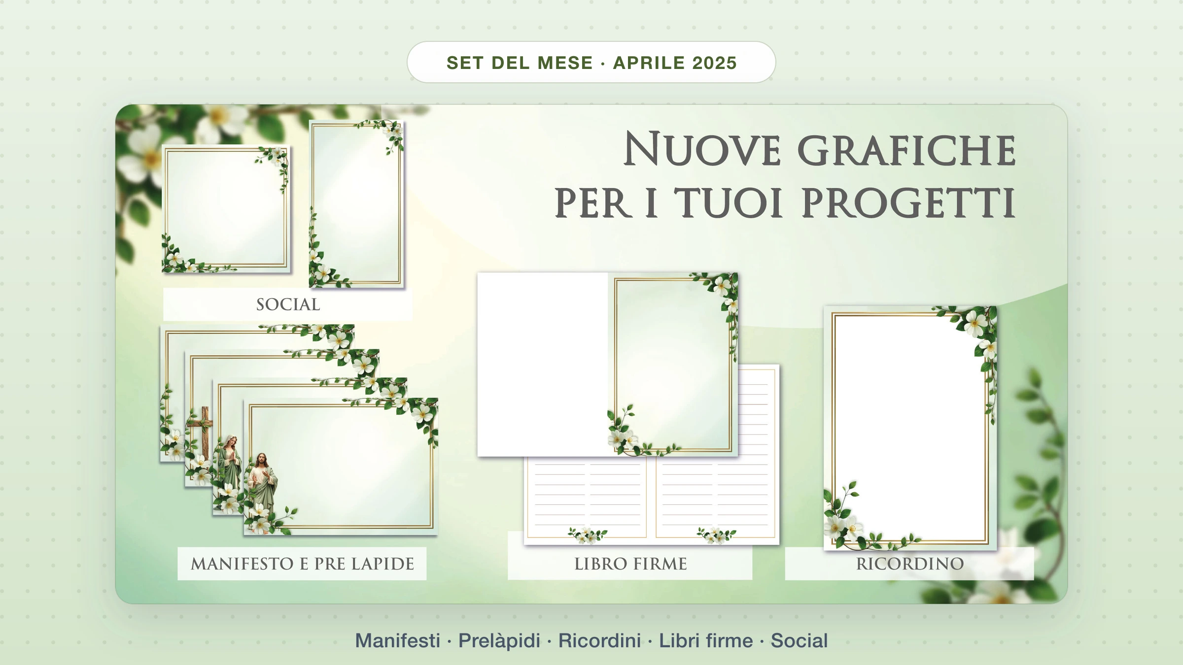 Set del mese Giotto di aprile 2025: collage delle nuove grafiche per manifesti, prelàpidi, ricordini, libri firme e social
