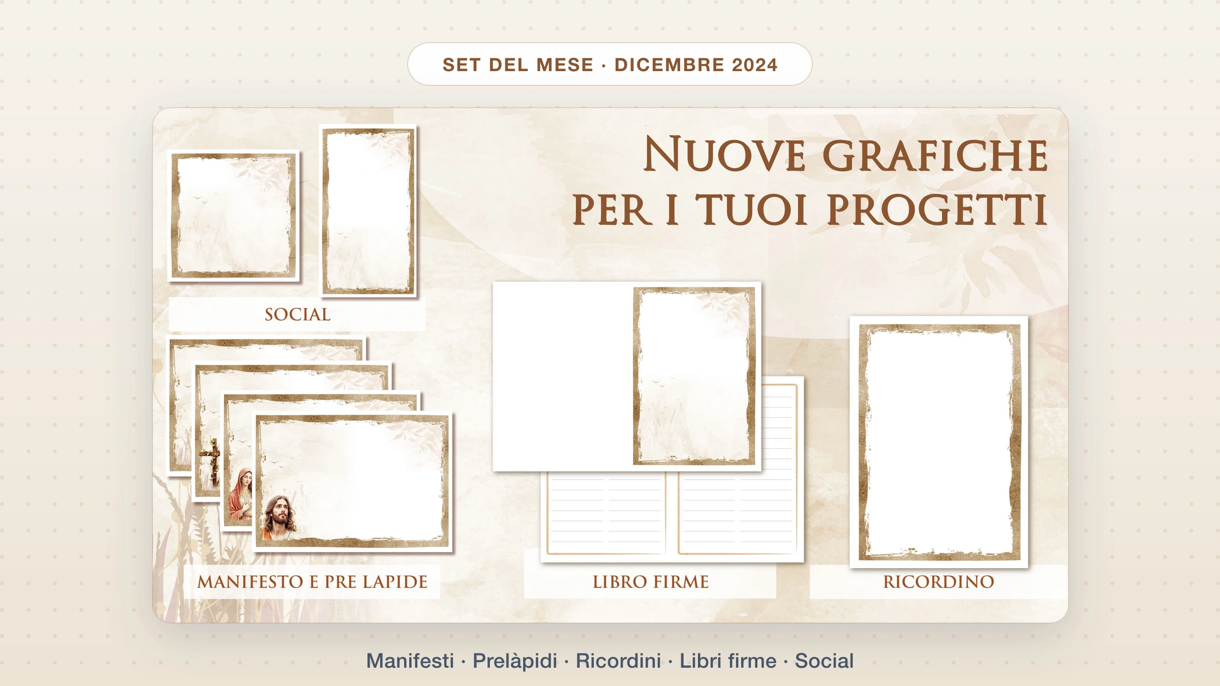 Set del mese Giotto di dicembre 2024: collage delle nuove grafiche per manifesti, prelàpidi, ricordini, libri firme e social