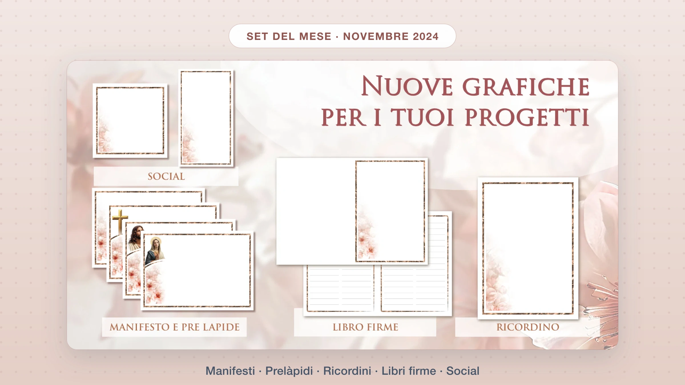 Set del mese Giotto di novembre 2024: collage delle nuove grafiche per manifesti, prelàpidi, ricordini, libri firme e social