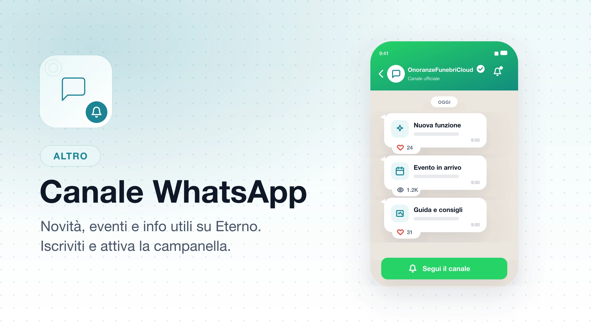 Cover del nuovo Canale WhatsApp ufficiale di OnoranzeFunebriCloud: anteprima del canale con novità, eventi e consigli, icona campanella per le notifiche