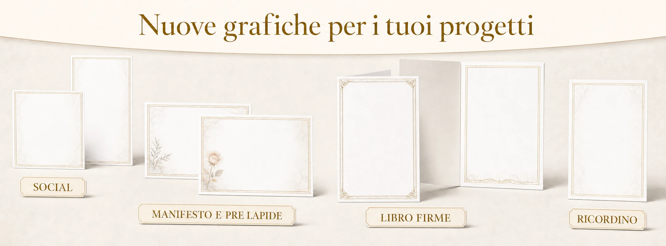 Collage delle nuove grafiche Giotto di ottobre 2026: sfondi avorio effetto marmo con sottili cornici dorate, rosa ad acquerello e rametto di foglie per social, manifesto e pre lapide, libro firme e ricordino