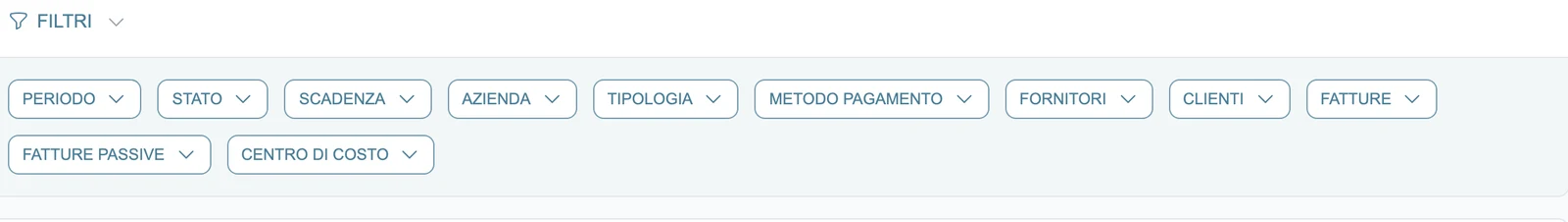 Scadenzario di Eterno: barra dei filtri per periodo, stato, scadenza, azienda, tipologia, metodo di pagamento, fornitori, clienti, fatture e centro di costo