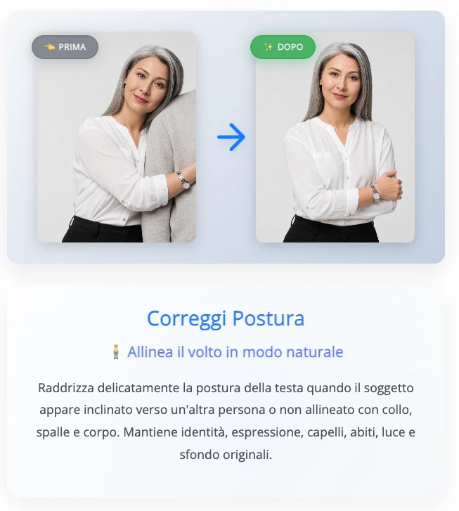 Correggi Postura su Giotto: prima e dopo, la testa inclinata del soggetto viene raddrizzata mantenendo espressione e identità