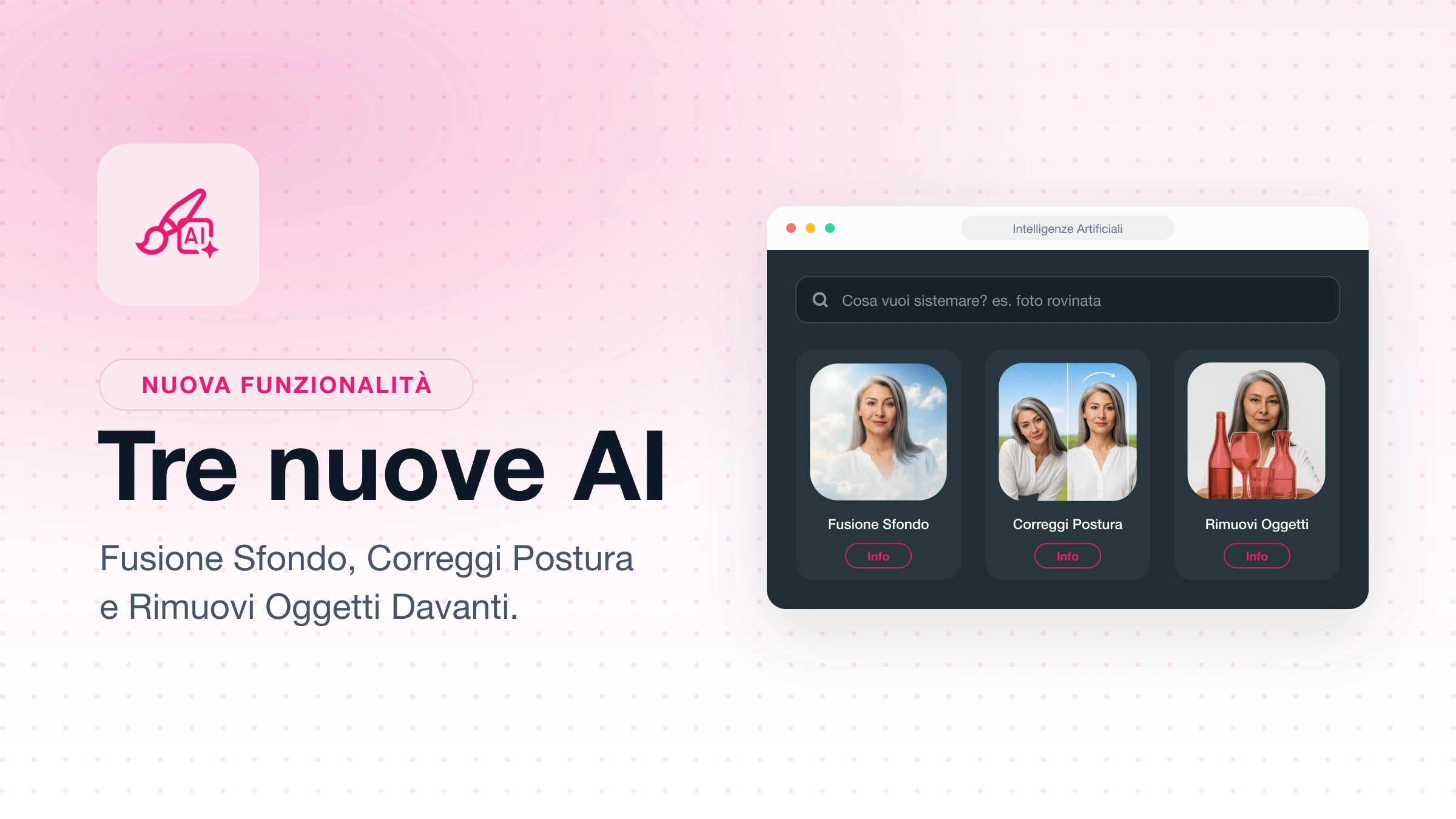 La sidebar Intelligenze Artificiali di Giotto con il campo di ricerca e le card dei tre nuovi strumenti: Fusione Sfondo, Correggi Postura e Rimuovi Oggetti