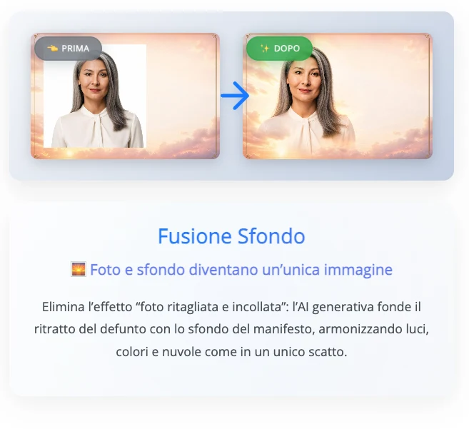 Fusione Sfondo su Giotto: confronto prima e dopo, la foto del defunto viene fusa con lo sfondo del manifesto in un'unica immagine armonizzata