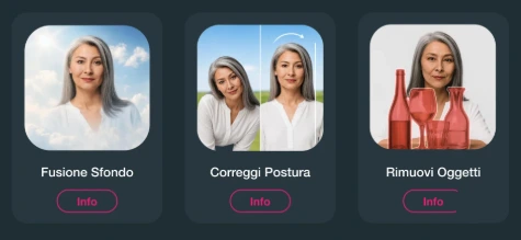 Le card dei tre nuovi strumenti nella sidebar Intelligenze Artificiali di Giotto: Fusione Sfondo, Correggi Postura e Rimuovi Oggetti, ognuna con anteprima e pulsante Info