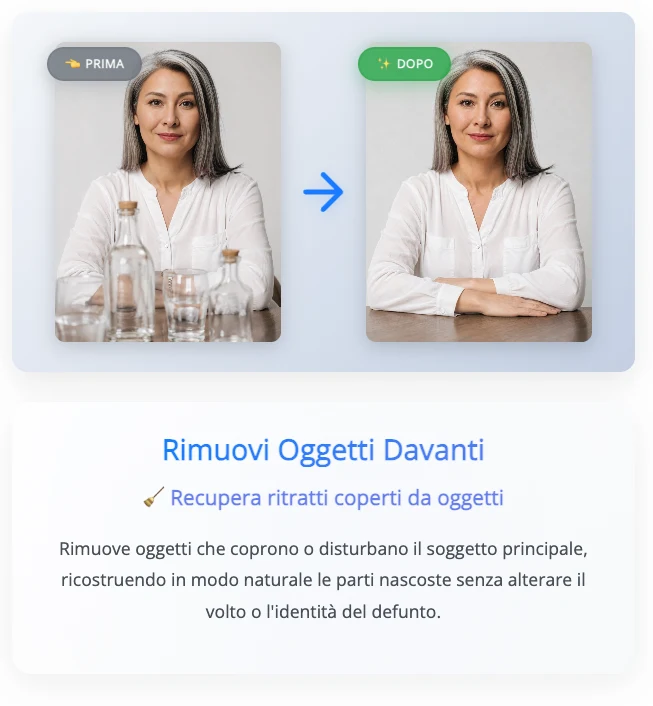Rimuovi gli Oggetti davanti al Soggetto su Giotto: prima e dopo, bottiglie e bicchieri rimossi dal ritratto con le parti nascoste ricostruite