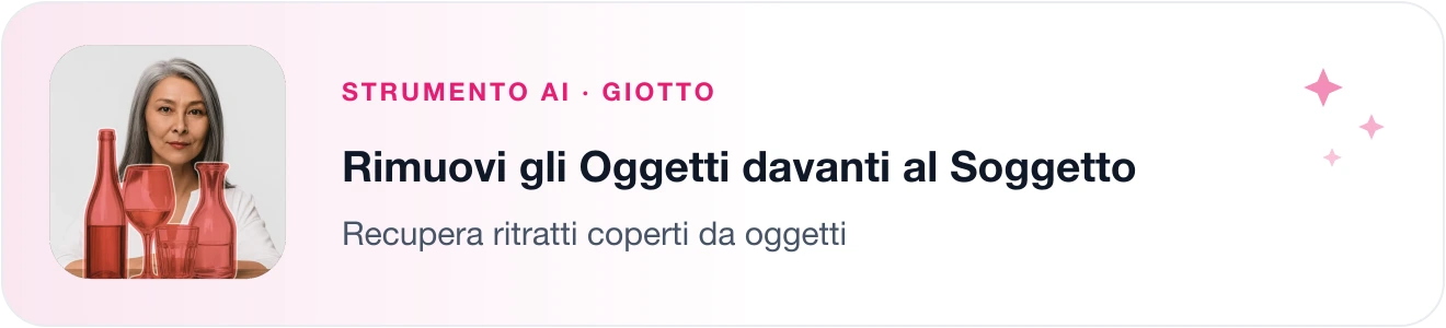 Strumento AI Rimuovi gli Oggetti davanti al Soggetto di Giotto: recupera ritratti coperti da oggetti