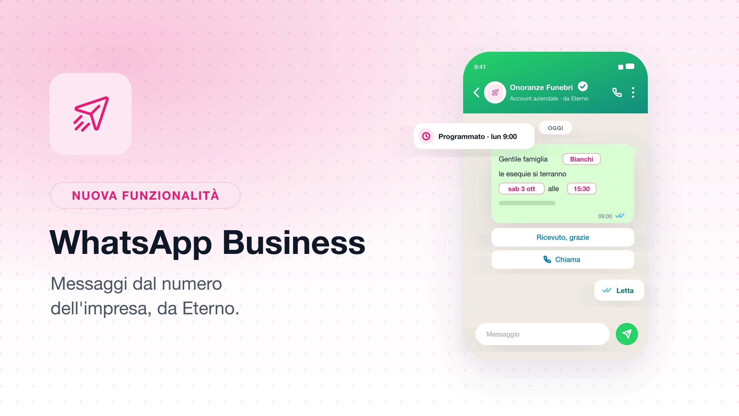 Cover della novità WhatsApp Business in Comunicazioni Esterne: telefono con la chat dal numero dell'impresa, messaggio da modello con i campi compilati, pulsanti di risposta, spunte di lettura e il badge dell'invio programmato