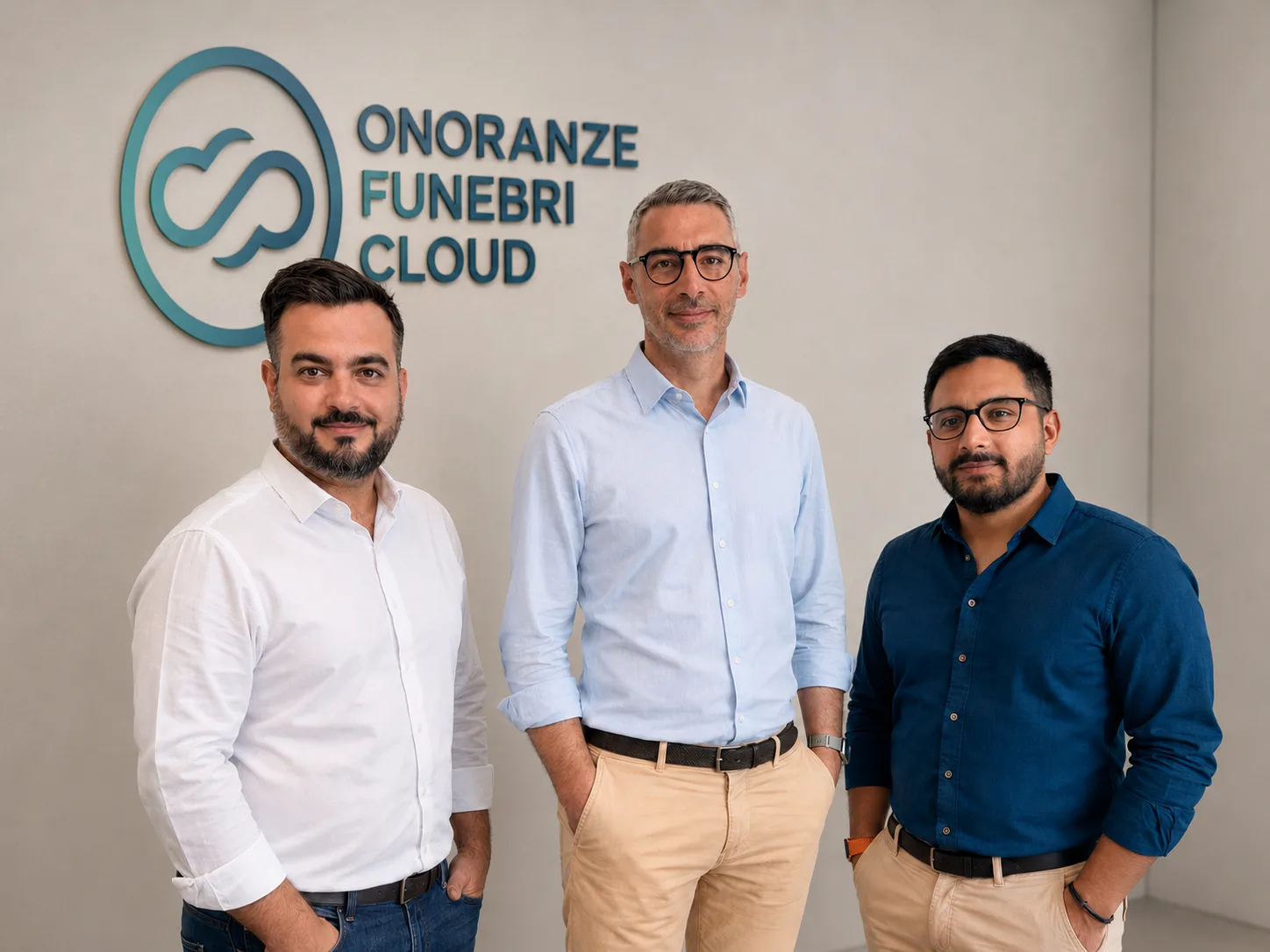 Andrea Falzetti, Leonardo Cerasoni e Fabio Salvatore, i tre fondatori di OnoranzeFunebriCloud, davanti al logo dell'azienda